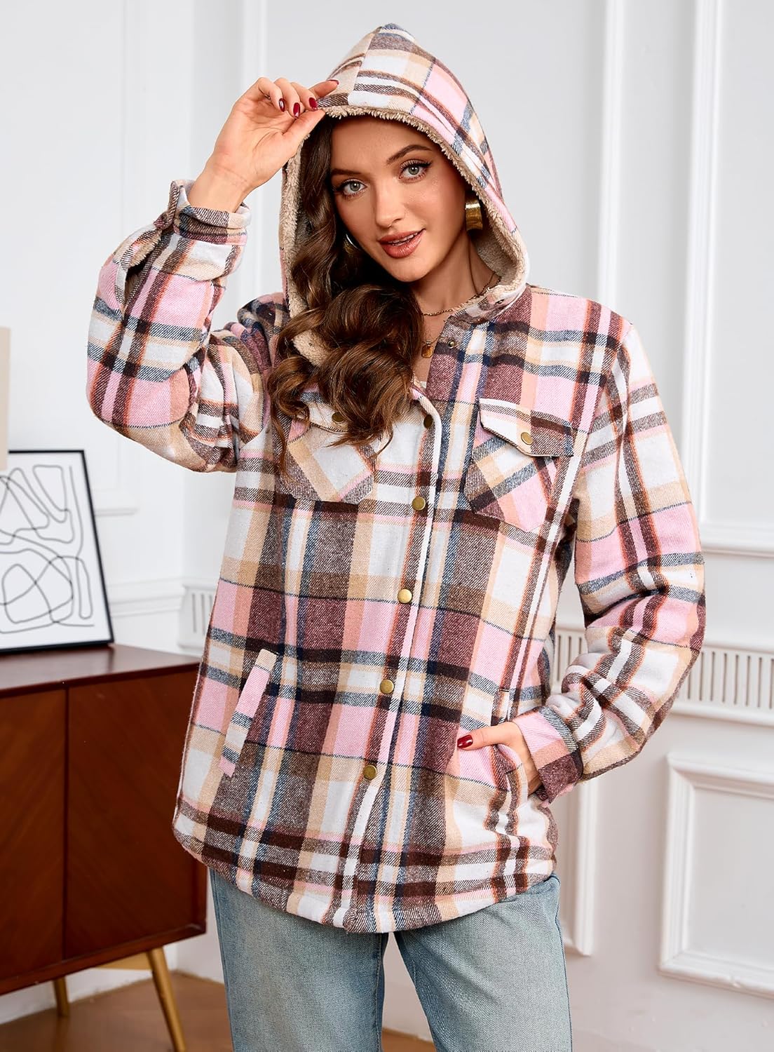 Elesuit Women's Fleece Flannel Jacket Plaid Sherpa Lined Jacket Long Sleeve Button Down Hooded Jackets for Women - Image 6