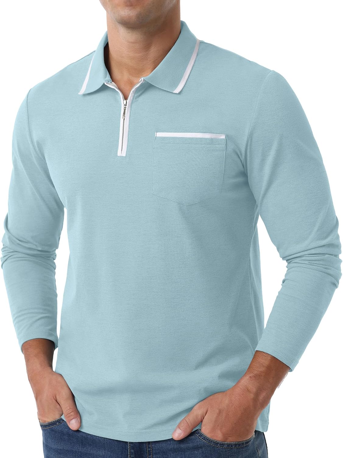 Askdeer Men's Polo Shirts Zip Long Sleeve Classic T-Shirts Casual Golf Shirts Stylish Collared Tee - Image 3