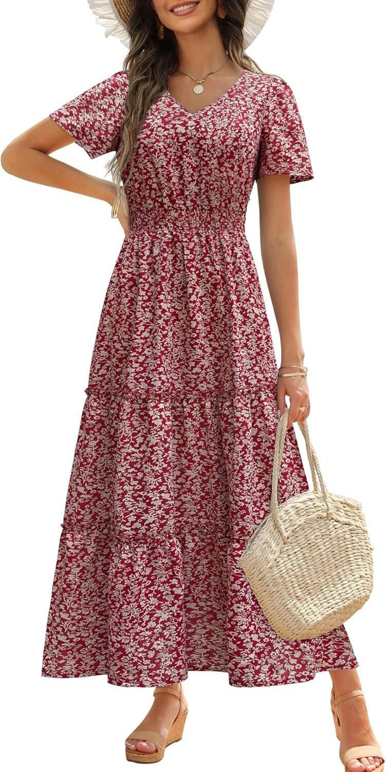 Zattcas Womens 2025 Long Summer Dress Short Flutter Sleeve V Neck Casual Smocked Tiered Modest Floral Boho Maxi Dress