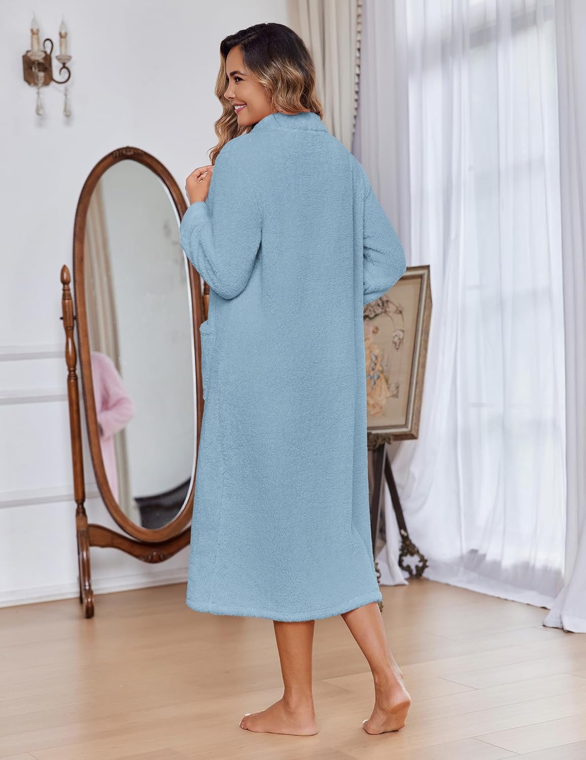 Ekouaer Women Zipper Robe Fleece Long Sleeves Bathrobe Sleepwear Warm Soft Housecoat with Pockets Zip Up House Dresses - Image 5