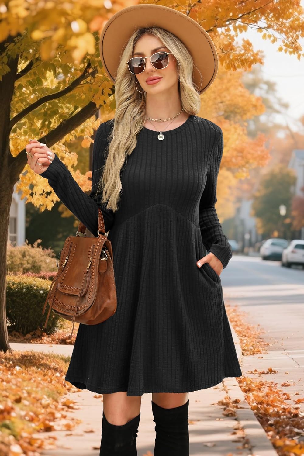 OFEEFAN Long Sleeve Dress for Women Crew Neck Empire Waist Tunic Dress with Pockets - Image 2