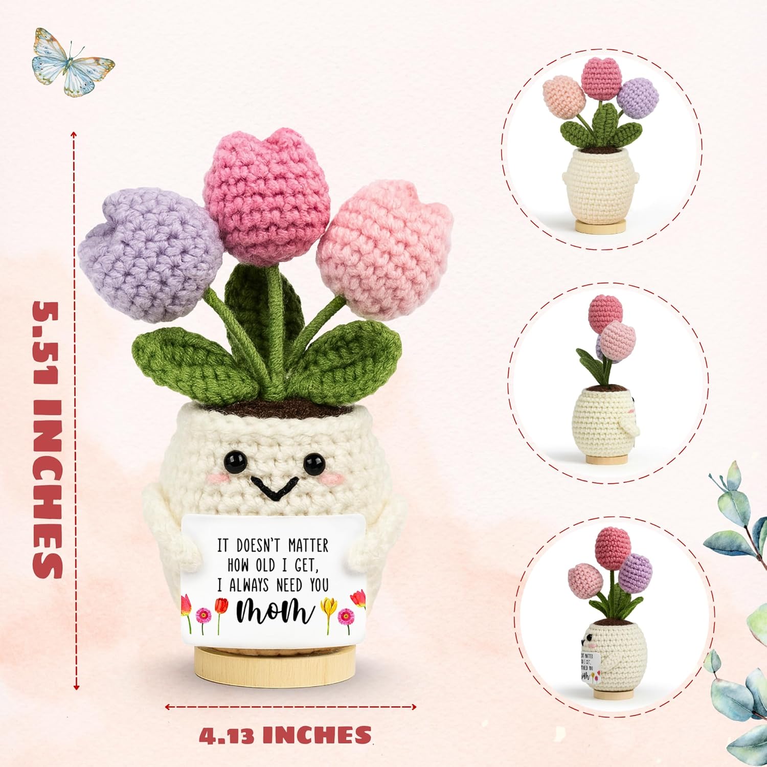 Gifts for Mom from Daughter Son - Cute Christmas, Mothers Day, Birthday Gifts for Moms - 5.51'' x 4.13'' Knitted Positive Tulip Flowers Mom Crochet Doll - Image 2