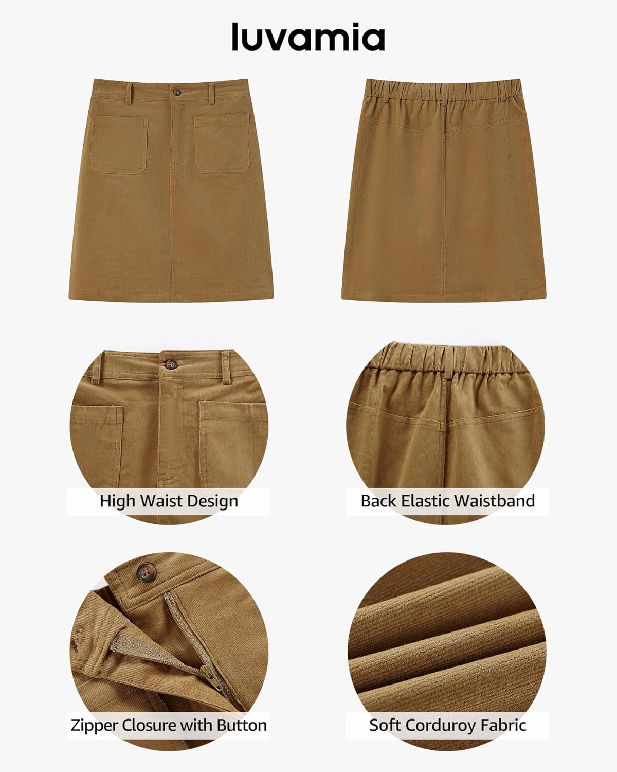 luvamia Corduroy Skirts for Women High Waisted Trendy Fall Elastic Waist Casual Stretchy Short Skirts with Patch Pockets - Image 4
