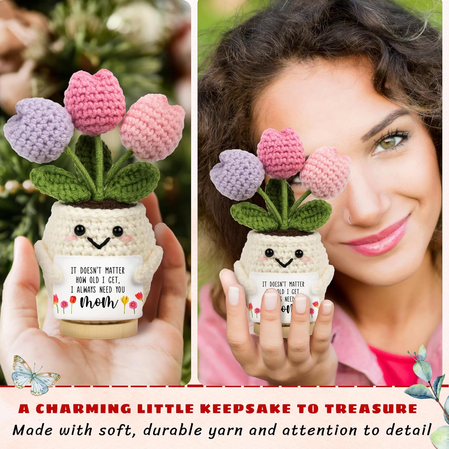 Gifts for Mom from Daughter Son - Cute Christmas, Mothers Day, Birthday Gifts for Moms - 5.51'' x 4.13'' Knitted Positive Tulip Flowers Mom Crochet Doll - Image 7