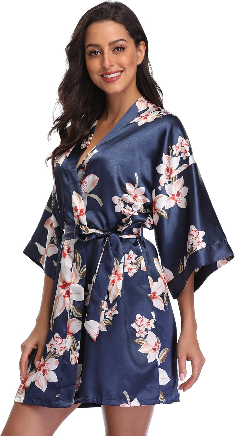 season dressing Women Floral Robes Bridesmaids Short Satin Kimono Sleepwear for Wedding Party - Image 4
