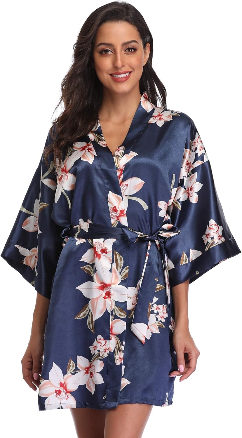 season dressing Women Floral Robes Bridesmaids Short Satin Kimono Sleepwear for Wedding Party - Image 2