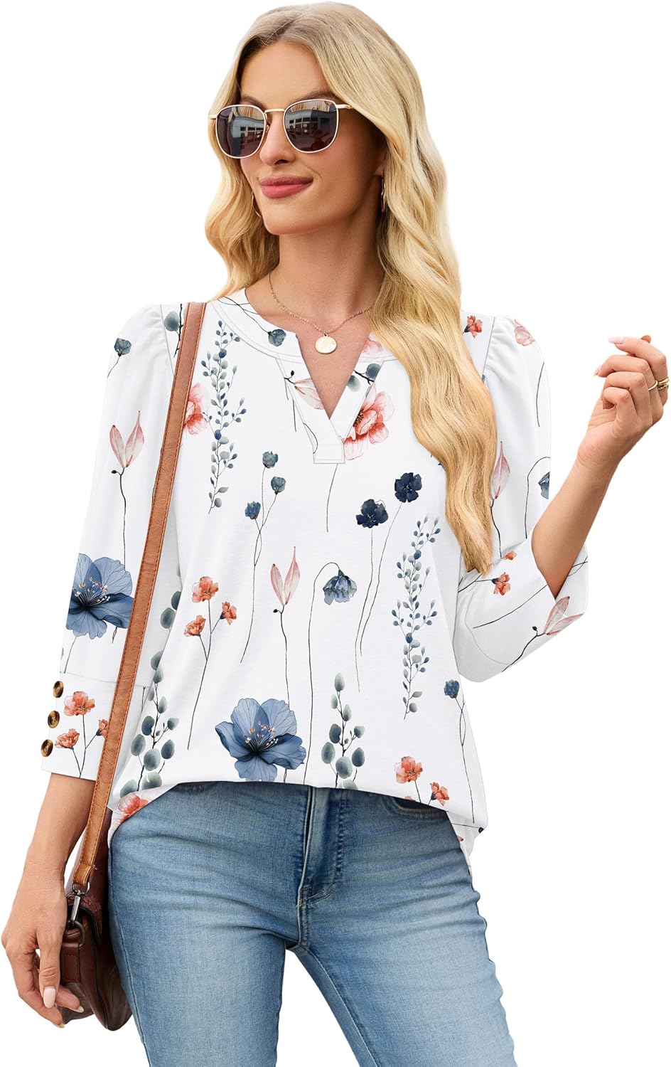 WIHOLL 3/4 Length Sleeve Womens Tops with Button Cuffs Dressy Casual V Neck Summer Outfits Early Fall Fashion Clothes 2025 - Image 3