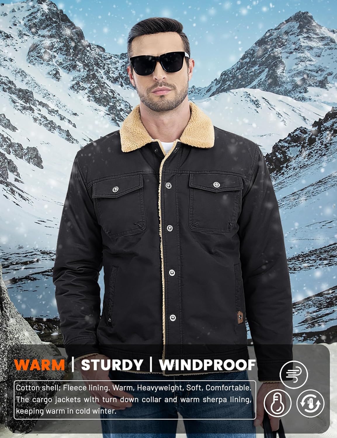MAGCOMSEN Men's Winter Jacket Lined Sherpa Jacket Warm Trucker Coat Multi Pocket - Image 3