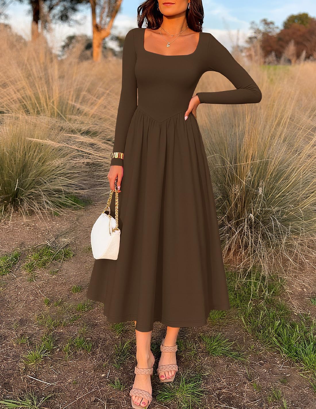 ZESICA Fall Dresses for Women 2025 Elegant Classy Square Neck Long Sleeve Flowy Wedding Guest Party Midi Dress - Image 5