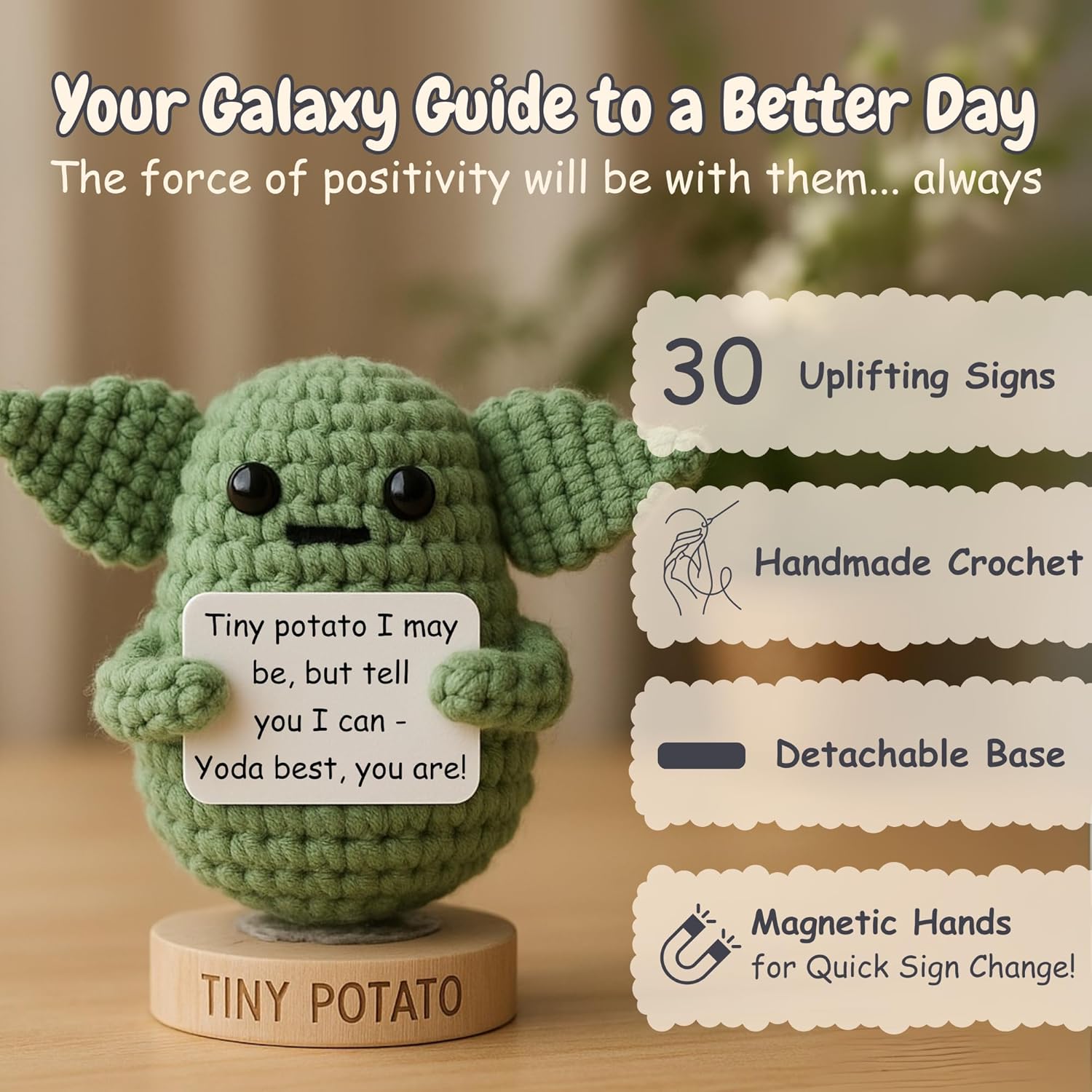 Handmade Baby Yoda Positive Crochet with 30 Fun Affirmations - Funny Friendship Gift for Christmas, Birthday Gifts for Women | Small Stocking Stuffers Starwars Present Idea for Friends, BFF, Coworker - Image 2
