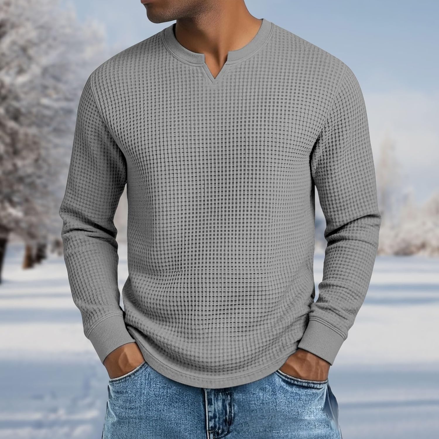 Mokaloha Mens Waffle Henley Shirts Long Sleeve T-Shirt V Neck Casual Stylish Classic Pullover Shirt Basic Solid Tee - Image 2