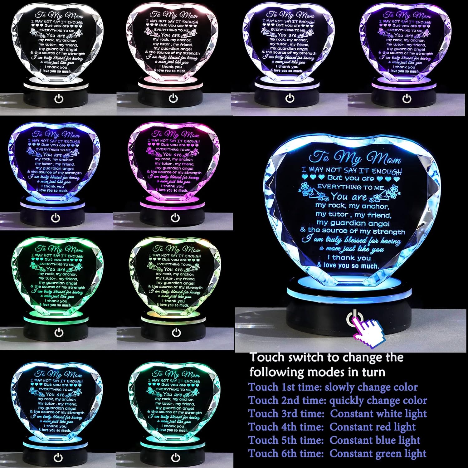YWHL Gifts for Mom from Daughter Son Moms Mother's Day Birthday Gifts Crystal Unique to My Mom Heart Keepsakes Gift for Mother with Colorful LED Base - Image 2