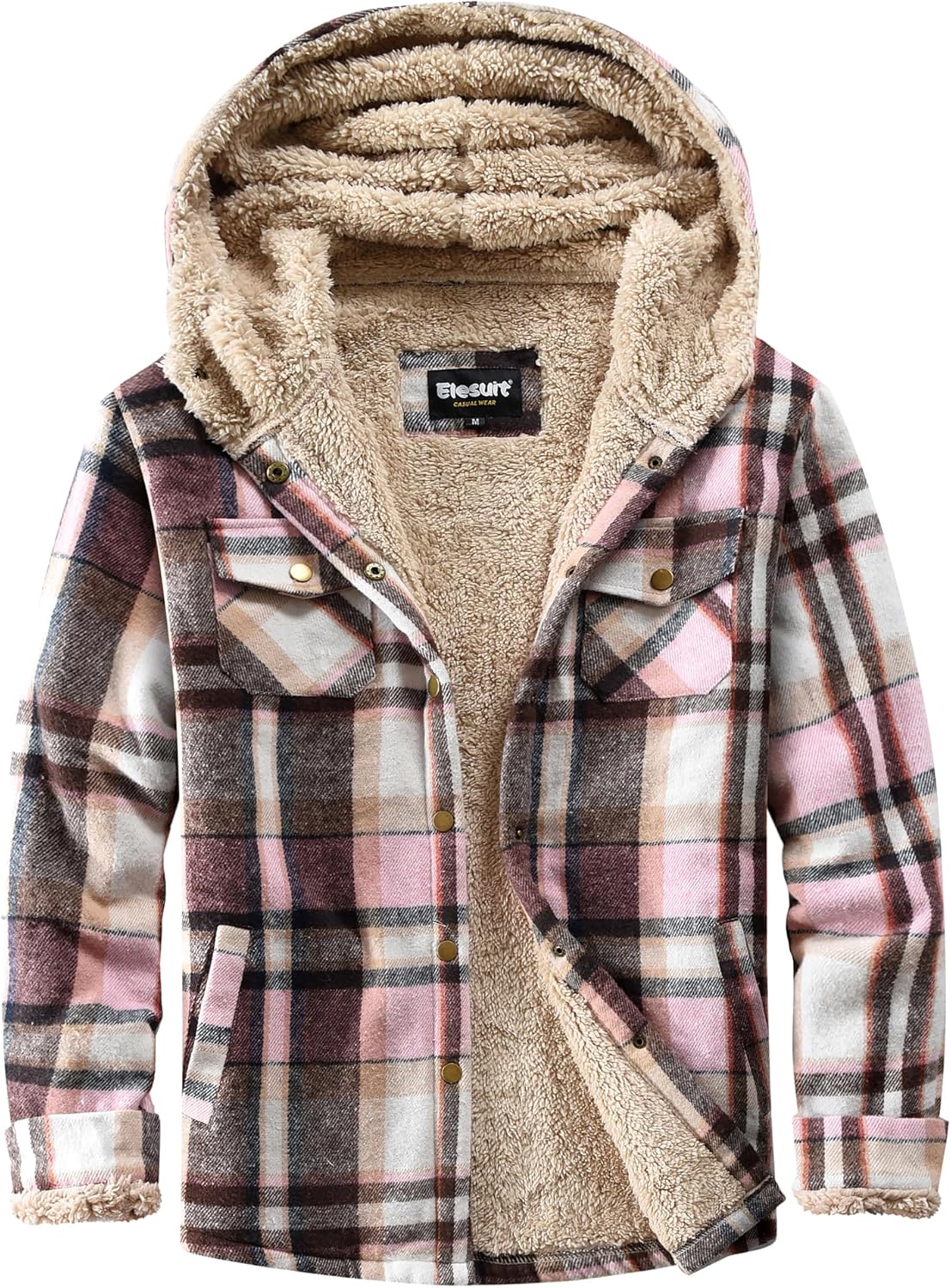 Elesuit Women's Fleece Flannel Jacket Plaid Sherpa Lined Jacket Long Sleeve Button Down Hooded Jackets for Women