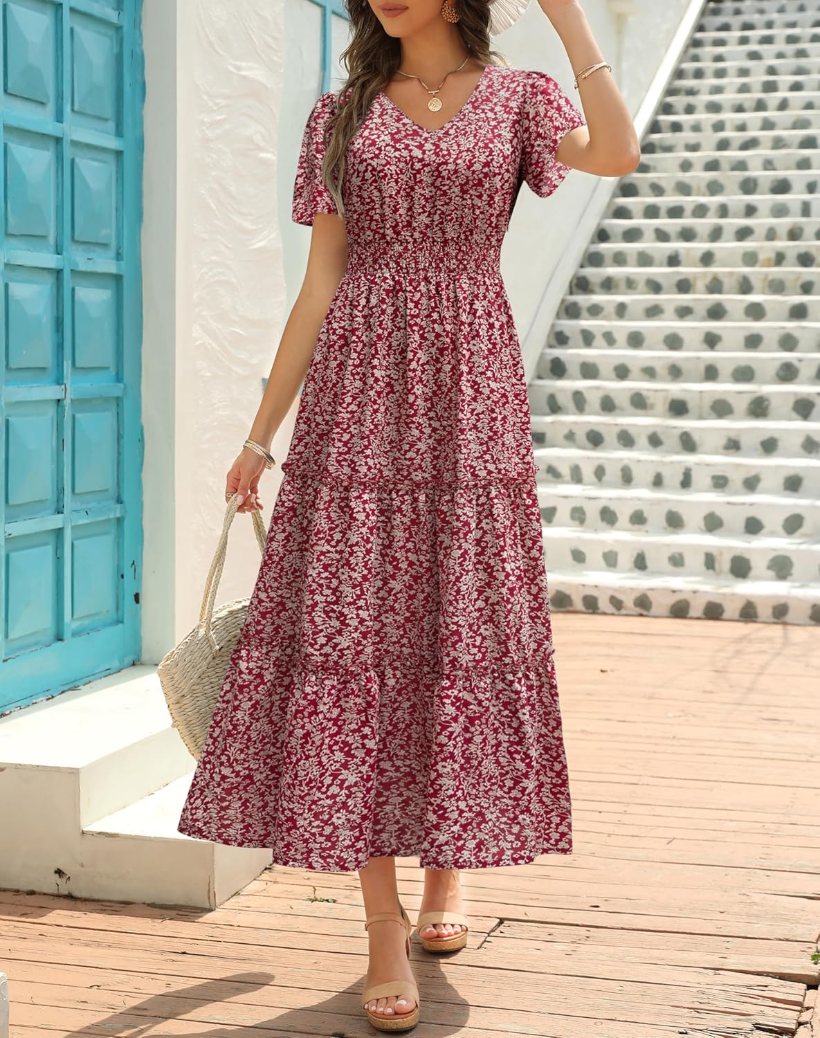 Zattcas Womens 2025 Long Summer Dress Short Flutter Sleeve V Neck Casual Smocked Tiered Modest Floral Boho Maxi Dress - Image 4