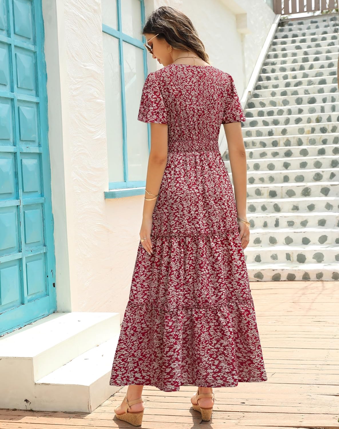 Zattcas Womens 2025 Long Summer Dress Short Flutter Sleeve V Neck Casual Smocked Tiered Modest Floral Boho Maxi Dress - Image 3