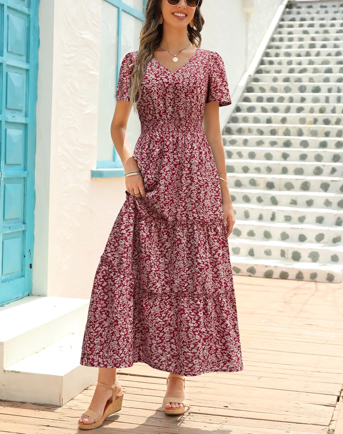 Zattcas Womens 2025 Long Summer Dress Short Flutter Sleeve V Neck Casual Smocked Tiered Modest Floral Boho Maxi Dress - Image 2