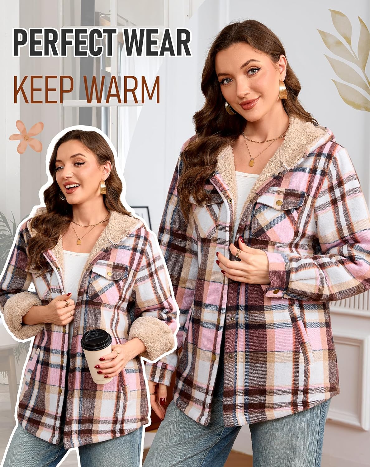 Elesuit Women's Fleece Flannel Jacket Plaid Sherpa Lined Jacket Long Sleeve Button Down Hooded Jackets for Women - Image 5