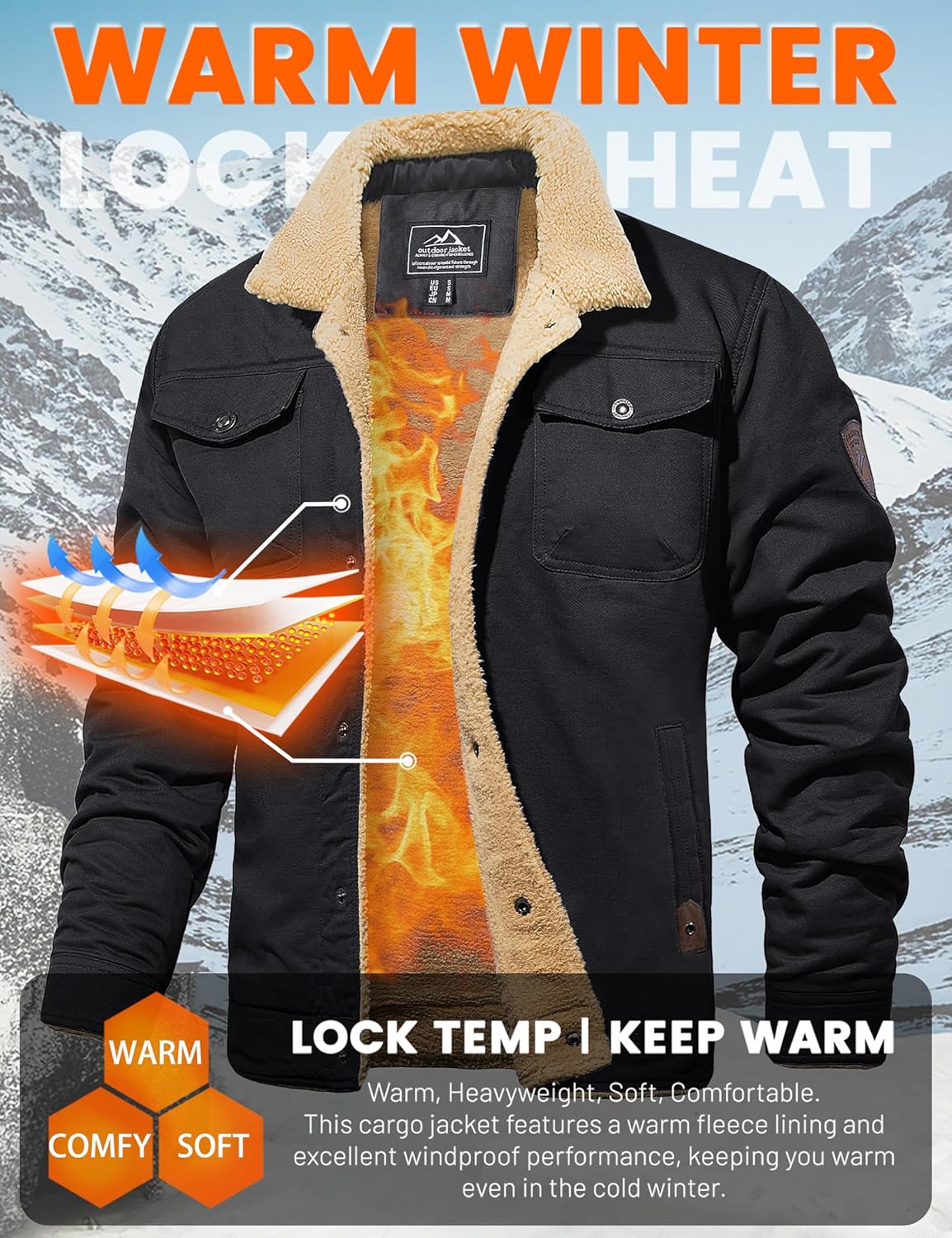 MAGCOMSEN Men's Winter Jacket Lined Sherpa Jacket Warm Trucker Coat Multi Pocket - Image 2